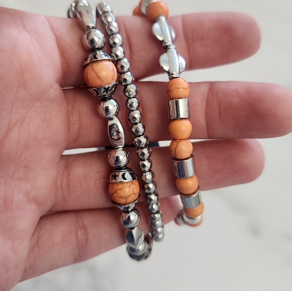 NWT Paparazzi Bold Silver & Orange Beaded Bracelet Set - Picture 7 of 8